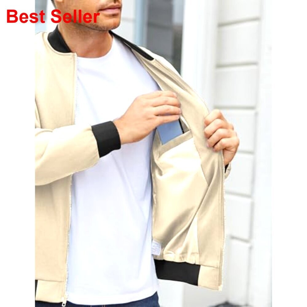 Lightweight Bomber Jacket Full Zip Knit Varsity Textured Coat - Picture 4 of 7